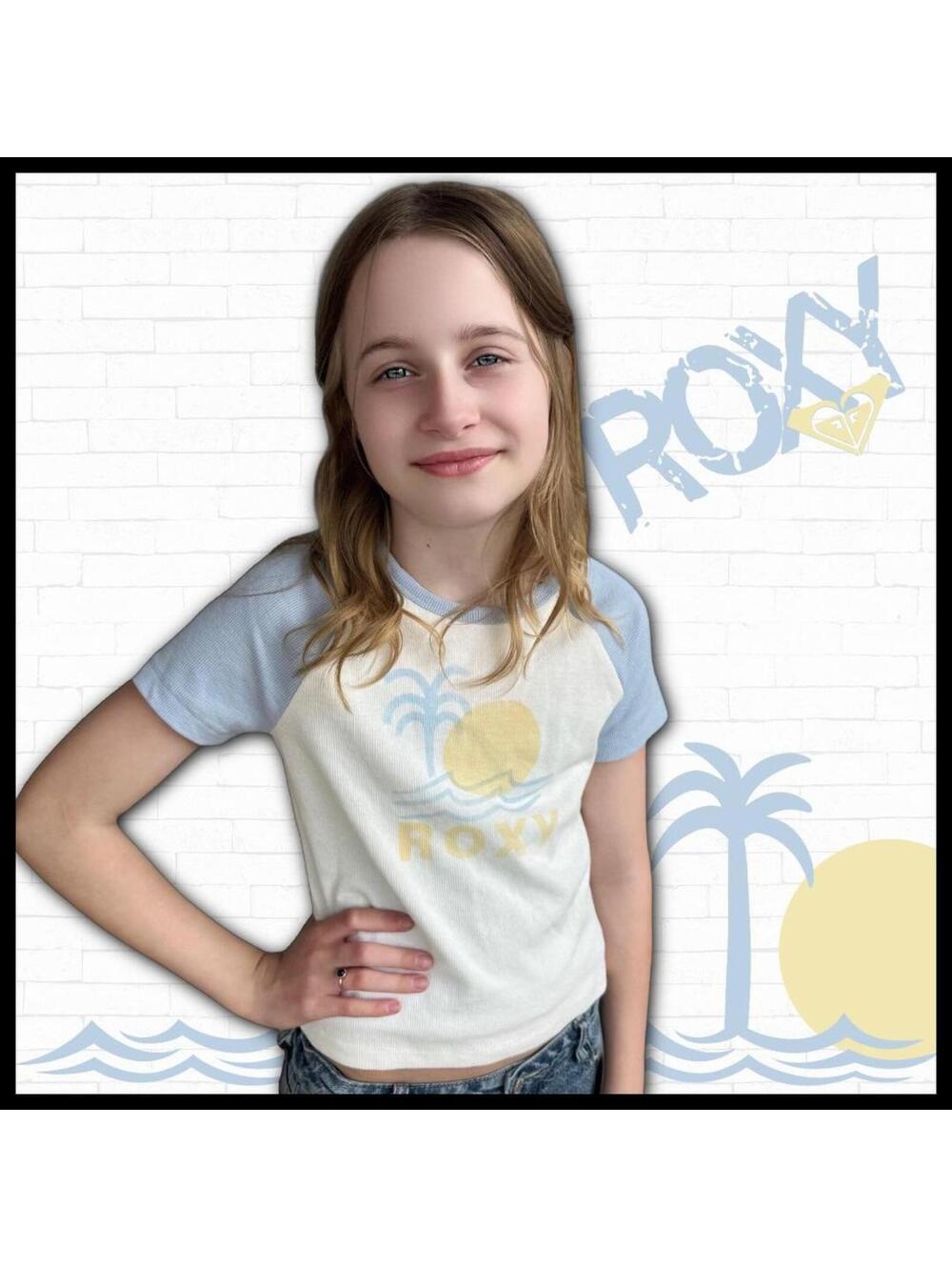 Roxy blue & white baby tee Girls 12/14 Size L #surf #kids 🌊